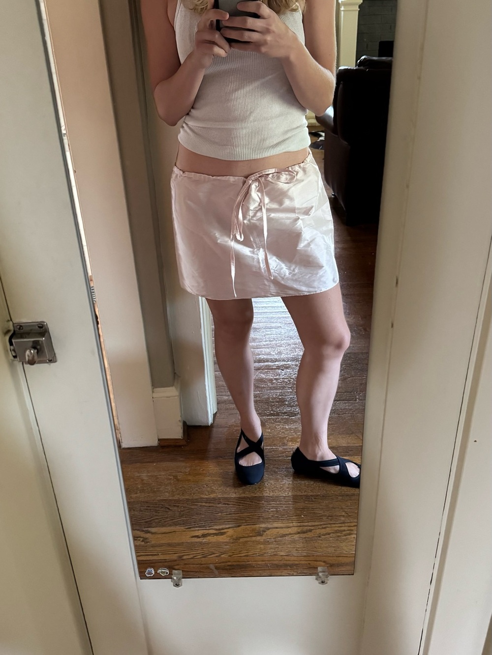 Satin Tie-Front Mini Skirt in Light Pink
